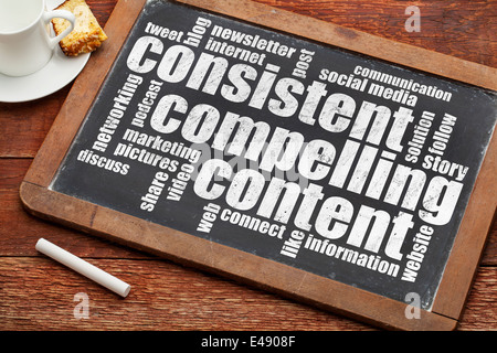 consistent, compelling content - recommendation for bloging and social media marketing - a word cloud in white chalk text Stock Photo
