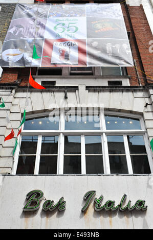 Frith Street, London, UK. 6th July 2014. Bar Italia celebrates its 65th birthday with Italian colours, scooters, food stalls and entertainment. Credit:  Matthew Chattle/Alamy Live News Stock Photo