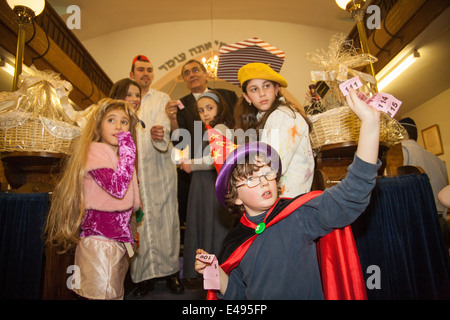 Orthodox Jewish children celebrate the festival of Purim in Stamford