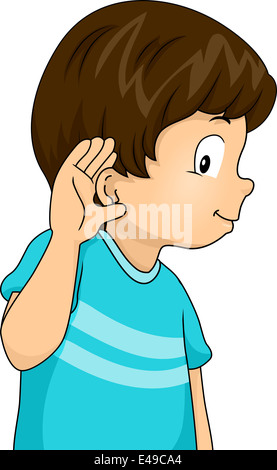 Illustration of a Little Boy with His Hand Pressed Against His Ear in a Listening Gesture Stock Photo