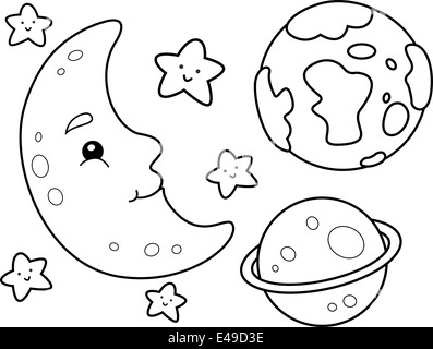 Coloring Book Illustration Featuring Different Heavenly Bodies Stock Photo