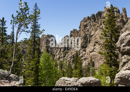 large granite formations in Custer state park, South Dakota, on the needles and cathedral spires trail Stock Photo