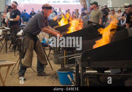 Calgary, Alberta, Canada. 06th July, 2014. Farrier forges horse shoe as he competes in the final round of the World Championships Blacksmiths' competition at the Calgary Stampede on Sunday, July 6, 2014. The top five farriers are competing for the title of world champion in this longstanding tradition at the Stampede. Calgary, Alberta, Canada. Credit:  Rosanne Tackaberry/Alamy Live News Stock Photo