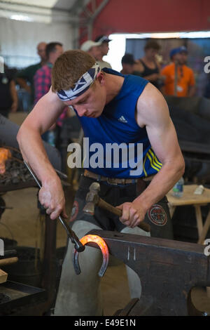 Calgary, Alberta, Canada. 06th July, 2014. Farrier holding hot horse shoe with fire tongs and shaping it with rounding hammer competes in the final round of the World Championships Blacksmiths' competition at the Calgary Stampede on Sunday, July 6, 2014. The top five farriers are competing for the title of world champion in this longstanding tradition at the Stampede. Calgary, Alberta, Canada. Credit:  Rosanne Tackaberry/Alamy Live News Stock Photo