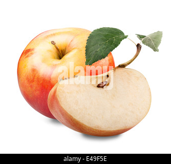 Red yellow apple with green leaf and slice isolated on white background Stock Photo
