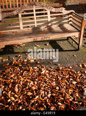 Autumn leaves and a memorial wooden bench seat in an English public garden Stock Photo
