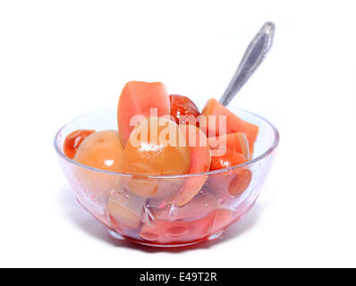 canned apple in transparent plate Stock Photo