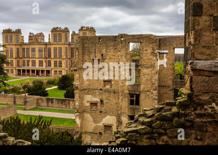 Aerial view from the Old Hall of its replacement, Hardwick Hall, near Chesterfield, Derbyshire, England, United Kingdom, Europe Stock Photo