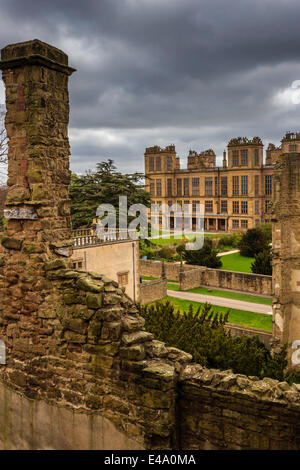 Old and new halls, Hardwick Hall, near Chesterfield, Derbyshire, England, United Kingdom, Europe Stock Photo