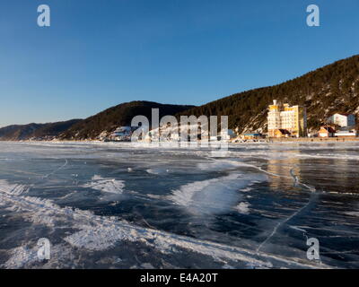 One metre thick ice on the surface of frozen Lake Baikal, Village of Listvyanka near Irkutsk, Siberia, Russia, Eurasia Stock Photo