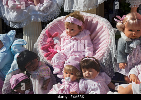 Close up of doll Dolls in shop store window York North Yorkshire England UK United Kingdom GB Great Britain Stock Photo