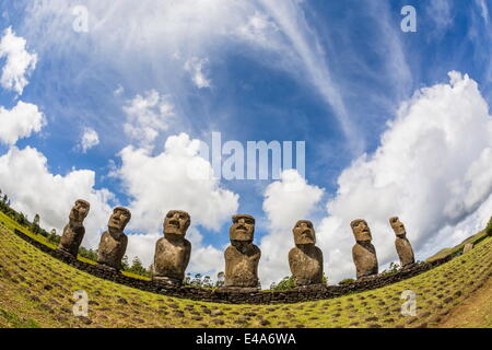 Seven Moai at Ahu Akivi, the first restored altar, Rapa Nui National Park, UNESCO, Easter Island (Isla de Pascua), Chile Stock Photo