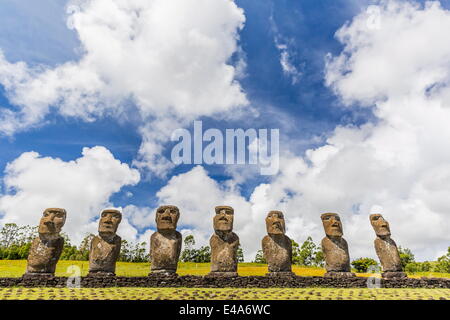 Seven Moai at Ahu Akivi, the first restored altar, Rapa Nui National Park, UNESCO, Easter Island (Isla de Pascua), Chile Stock Photo