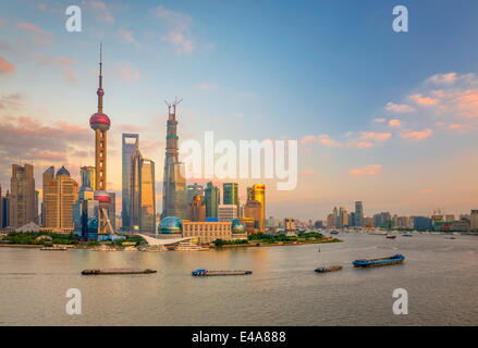 Pudong skyline across Huangpu River, including Oriental Pearl Tower, Shanghai World Financial Center, Shanghai, China Stock Photo