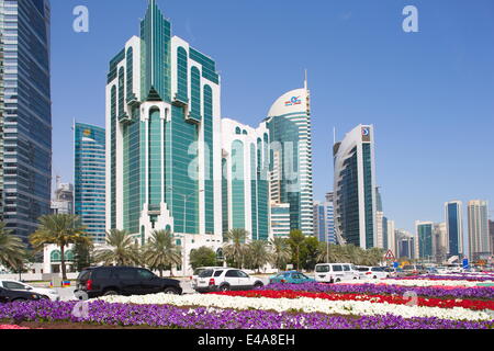 City Centre buildings and Corniche traffic, Doha, Qatar, Middle East Stock Photo