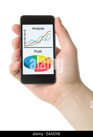 Man hand holds smart phone with graphs on white background Stock Photo