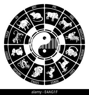 Black and white illustration of all the animal symbols in the Chinese zodiac in order round a wheel with a Yin Yang icon in the Stock Photo