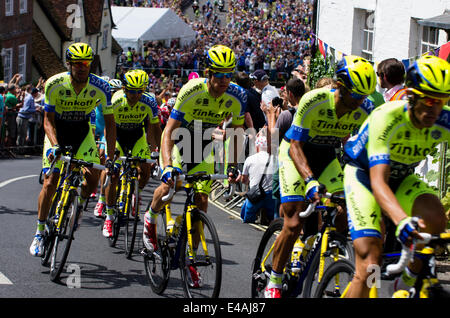 Finchingfield, Essex, UK. 07th July, 2014. The Tour de France stage from Cambridge to London runs through the picturesque Essex village of Finchingfield.  Cyclists from the Tinkoff Credit System team climb a hill Credit:  William Edwards/Alamy Live News Stock Photo
