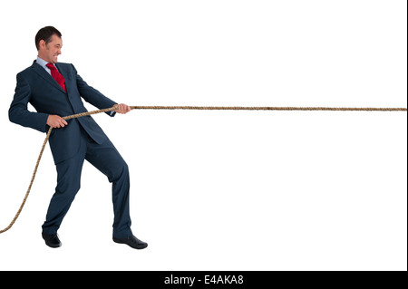businessman tug of war pulling a rope isolated on a white background Stock Photo