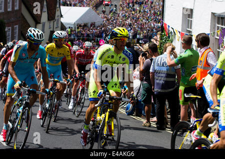 Finchingfield, Essex, UK. 07th July, 2014. Tour de France in Essex in Finchingfield Essex UK.  The Tour de France stage from Cambridge to London runs through the picturesque Essex village of Finchingfield.  Cyclists climb up the Finchingfield Road. Credit:  William Edwards/Alamy Live News Stock Photo