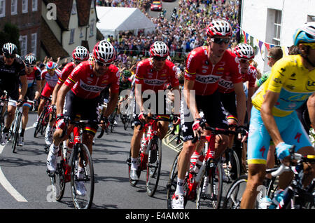 Finchingfield, Essex, UK. 07th July, 2014. Tour de France in Essex in Finchingfield Essex UK.  The Tour de France stage from Cambridge to London runs through the picturesque Essex village of Finchingfield.  The Lotto Bellison Cycle team climb the hill on Wethersfield Road Finchingfield Credit:  William Edwards/Alamy Live News Stock Photo