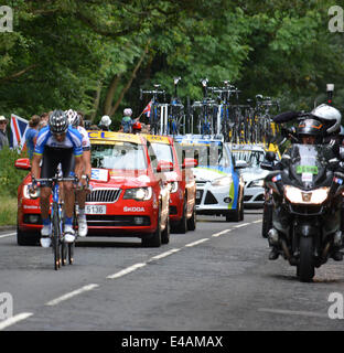 Epping, UK. 07th July, 2014. Tour de France 2014 from Cambridge to London. Jan Barta leading the way, entering into Epping, Essex on his way to London. 7th July 2014. Credit:  doniphane dupriez/Alamy Live News Stock Photo