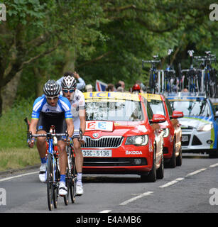 Epping, UK. 07th July, 2014. Tour de France 2014 from Cambridge to London. Participants (Jan Barta leading the way) enter into Epping, Essex on their way to London. 7th July 2014. Credit:  doniphane dupriez/Alamy Live News Stock Photo