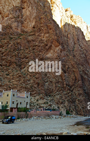 Aspects of the Todgha Gorge,Paved road,Hotels,Hiking,Carpet Sellers,River,4 wheel drive,Hikers,Climbers,Steep Cliffs,Morocco Stock Photo