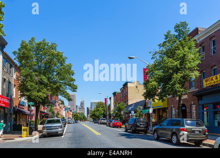 View down Light Street in the Federal Hill district looking towards the downtown area, Baltimore, Maryland, USA Stock Photo