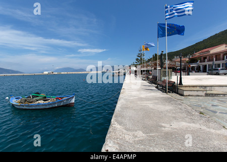 Town of Sami, Kefalonia. Picturesque view of traditional Greek fishing boats berthed on Sami waterfront. Stock Photo