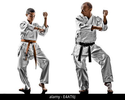 two karate men sensei and teenager student teacher teaching isolated on white background Stock Photo