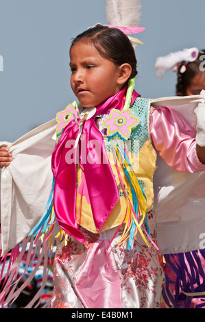 Girl's fancy or shawl dancer, Pow-wow, Blackfoot Crossing Historical Park, Alberta, Canada Stock Photo