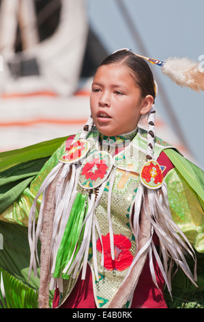 Girl's fancy or shawl dancer, Pow-wow, Blackfoot Crossing Historical Park, Alberta, Canada Stock Photo