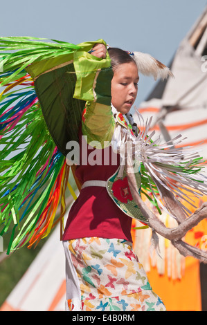 Girl's fancy or shawl dancer, Pow-wow, Blackfoot Crossing Historical Park, Alberta, Canada Stock Photo