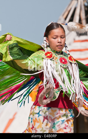 Girl's fancy or shawl dancer, Pow-wow, Blackfoot Crossing Historical Park, Alberta, Canada Stock Photo