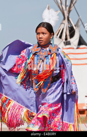 Girl's fancy or shawl dancer, Pow-wow, Blackfoot Crossing Historical Park, Alberta, Canada Stock Photo