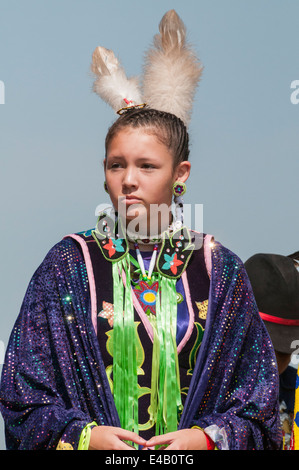 Girl's fancy or shawl dancer, Pow-wow, Blackfoot Crossing Historical Park, Alberta, Canada Stock Photo