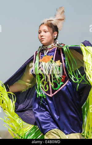 Girl's fancy or shawl dancer, Pow-wow, Blackfoot Crossing Historical Park, Alberta, Canada Stock Photo