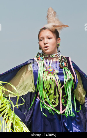 Girl's fancy or shawl dancer, Pow-wow, Blackfoot Crossing Historical Park, Alberta, Canada Stock Photo