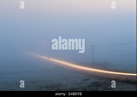 Valley fog with car light on rural road Stock Photo