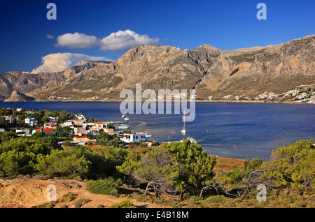 The small village of Telendos island, Dodecanese, Aegean sea, Greece. In the background, Kalymnos island. Stock Photo
