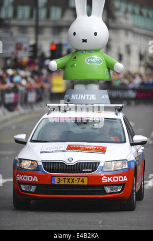 London, UK. 7th July, 2014. A Tour de France publicity vehicle featuring a figurine of Miffy (a Dutch rabbit that features in children's books) in a green sprinters jersey in the Tour de France pre-race caravan. Credit:  Michael Preston/Alamy Live News Stock Photo
