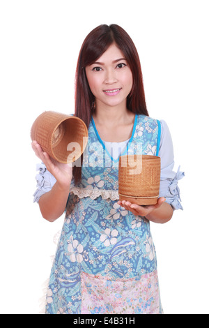 female chef with bamboo rice box isolated on white background Stock Photo