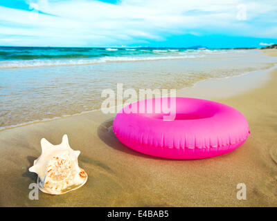 Seashell and inflatable tube Stock Photo - Alamy