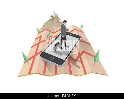 Businessman walking on smartphone on map Stock Vector