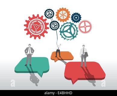Business people standing on speech bubbles with large cogs and wheels Stock Vector
