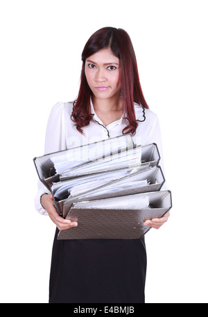 business woman holding stack of folders documents isolated on white background Stock Photo