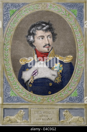 Ludwig I of Bavaria (1786-1868). King of Bavaria form 1825 until the 1848 revolutions in the German states. Engraving. Colored. Stock Photo