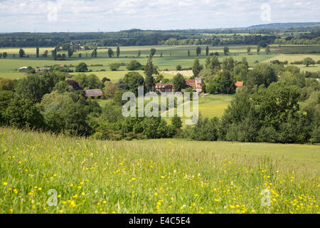 View of Little Wittenham from the Wittenham Clumps, Oxfordshire Stock Photo