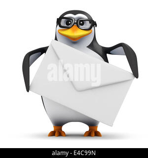 3d render of a penguin in glasses holding a large envelope Stock Photo